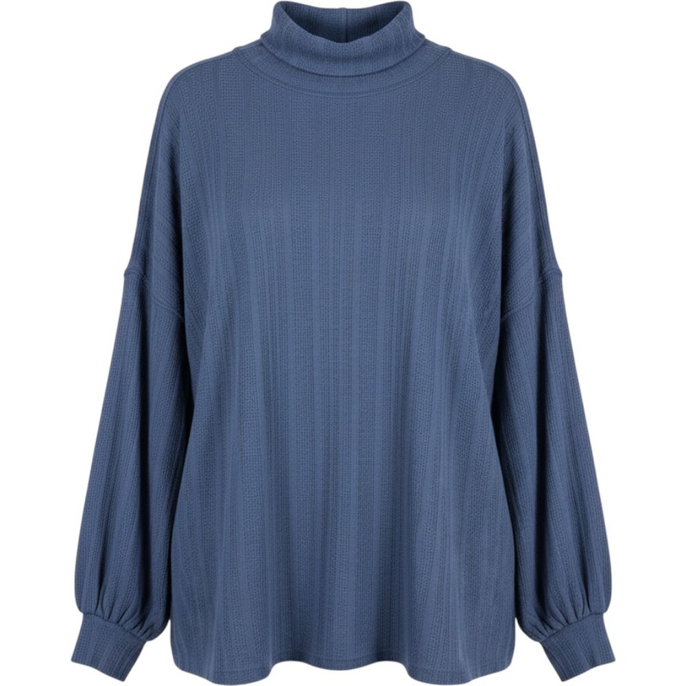Ces Femme Pullover Men Large Blue Ribbed Mock Neck Long Sleeve Casual Top
